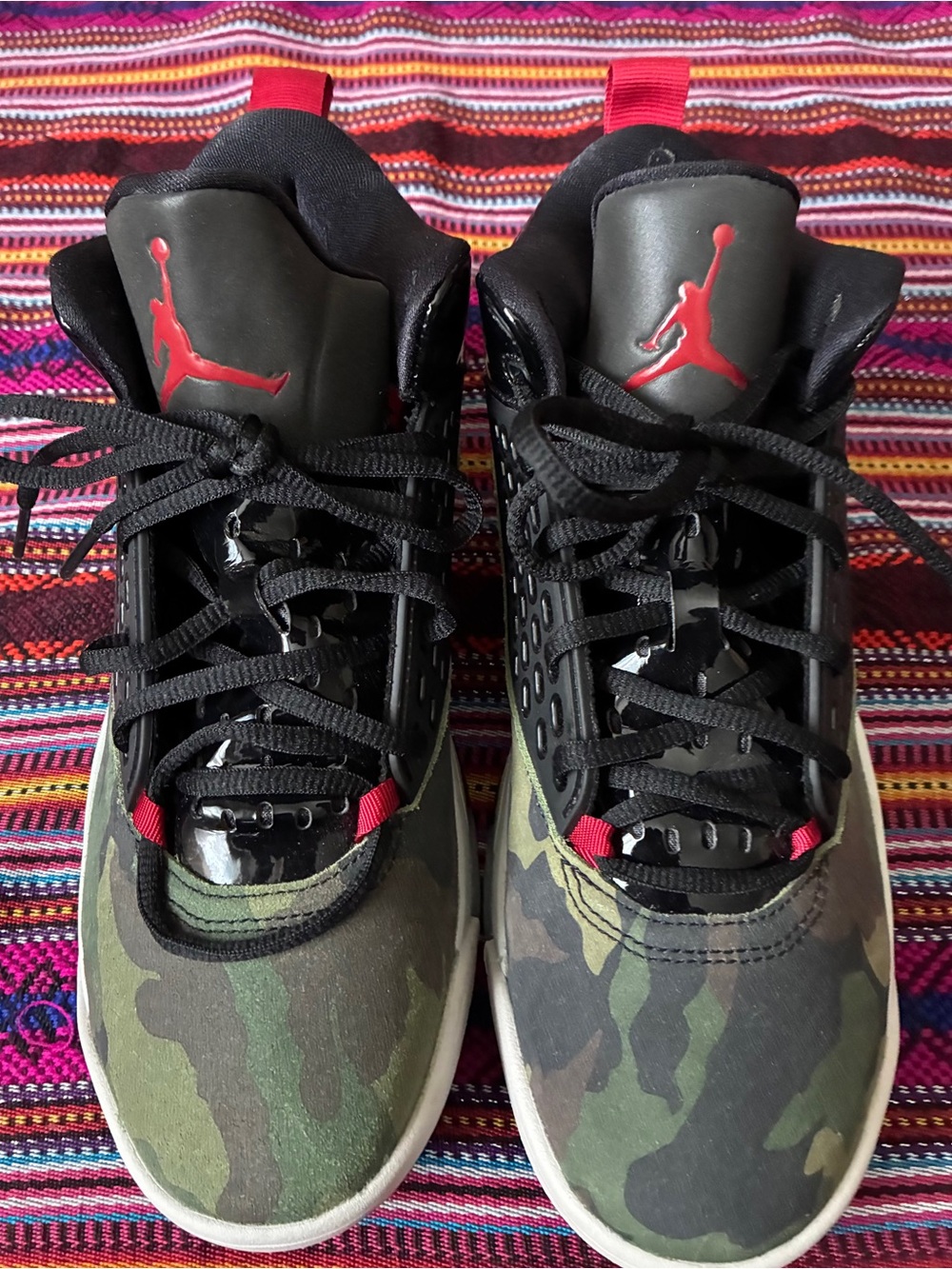 Jordan men’s Camo Green and Black Basketball Sneakers with Red Jumpman